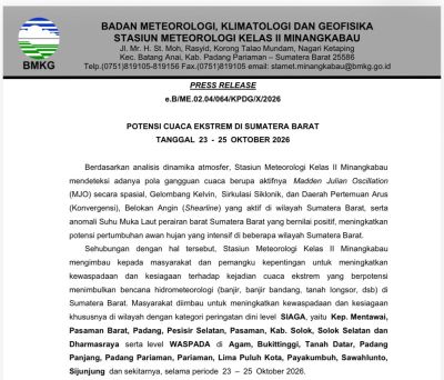 BMKG Keluarkan Peringatan Dini Cuaca Ekstrem, Gubernur Mahyeldi Imbau Warga Waspada